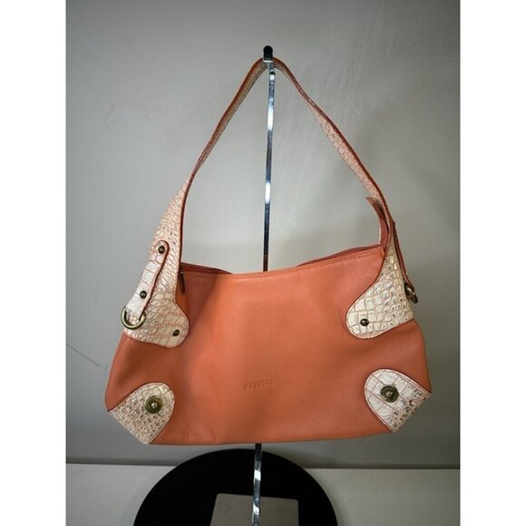 Vintage Petusco Orange Pebbled Leather Shoulder Bag Brass Studs Embossed Silver - Picture 1 of 6